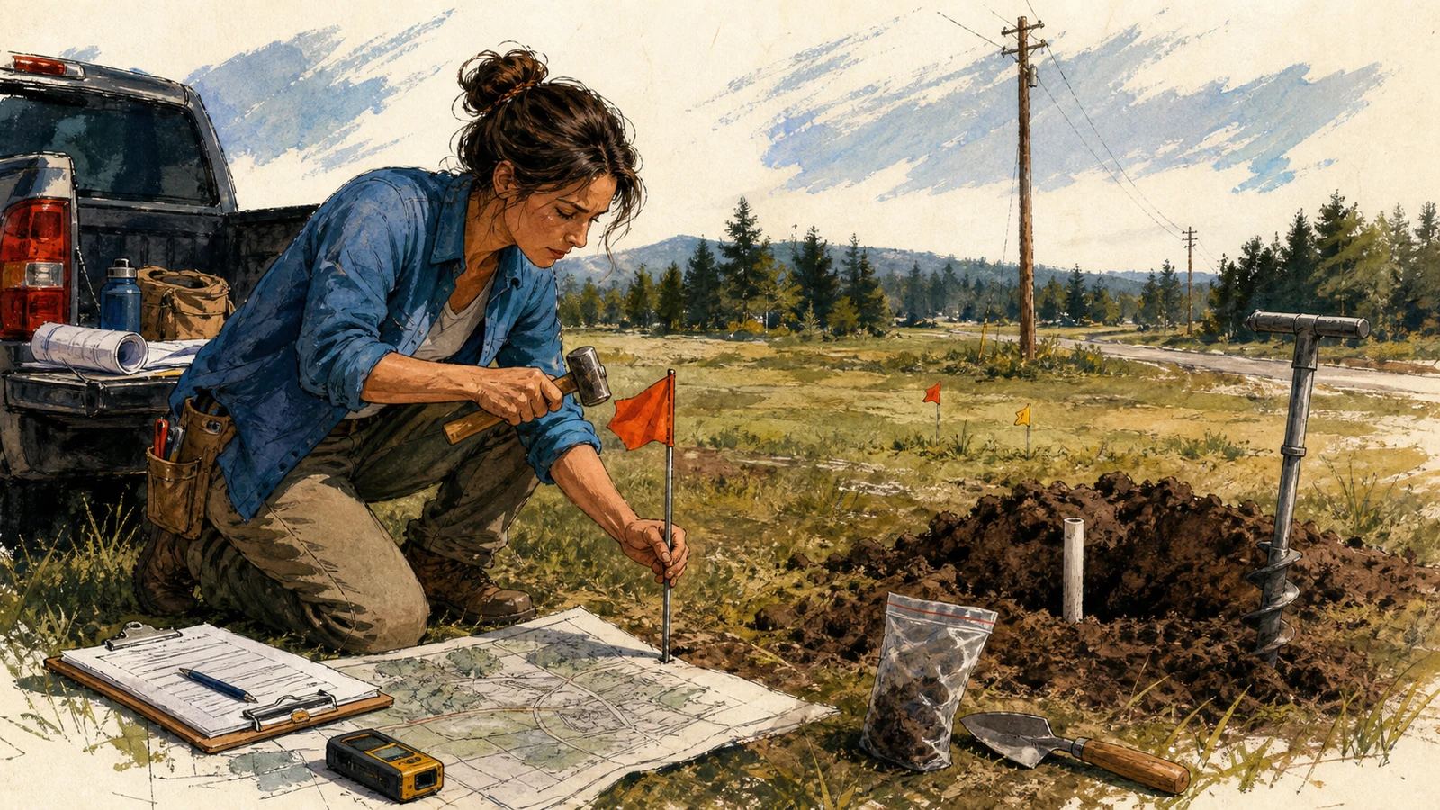 Buy raw land and make it buildable: access, water, septic, power, permits