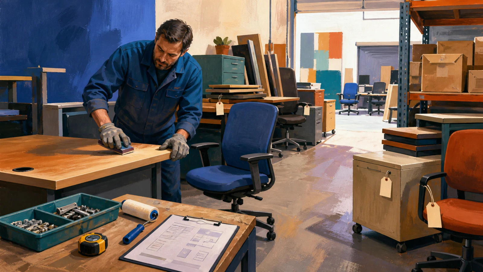 Recondiționarea mobilierului de birou pentru revânzare și închiriere către firme